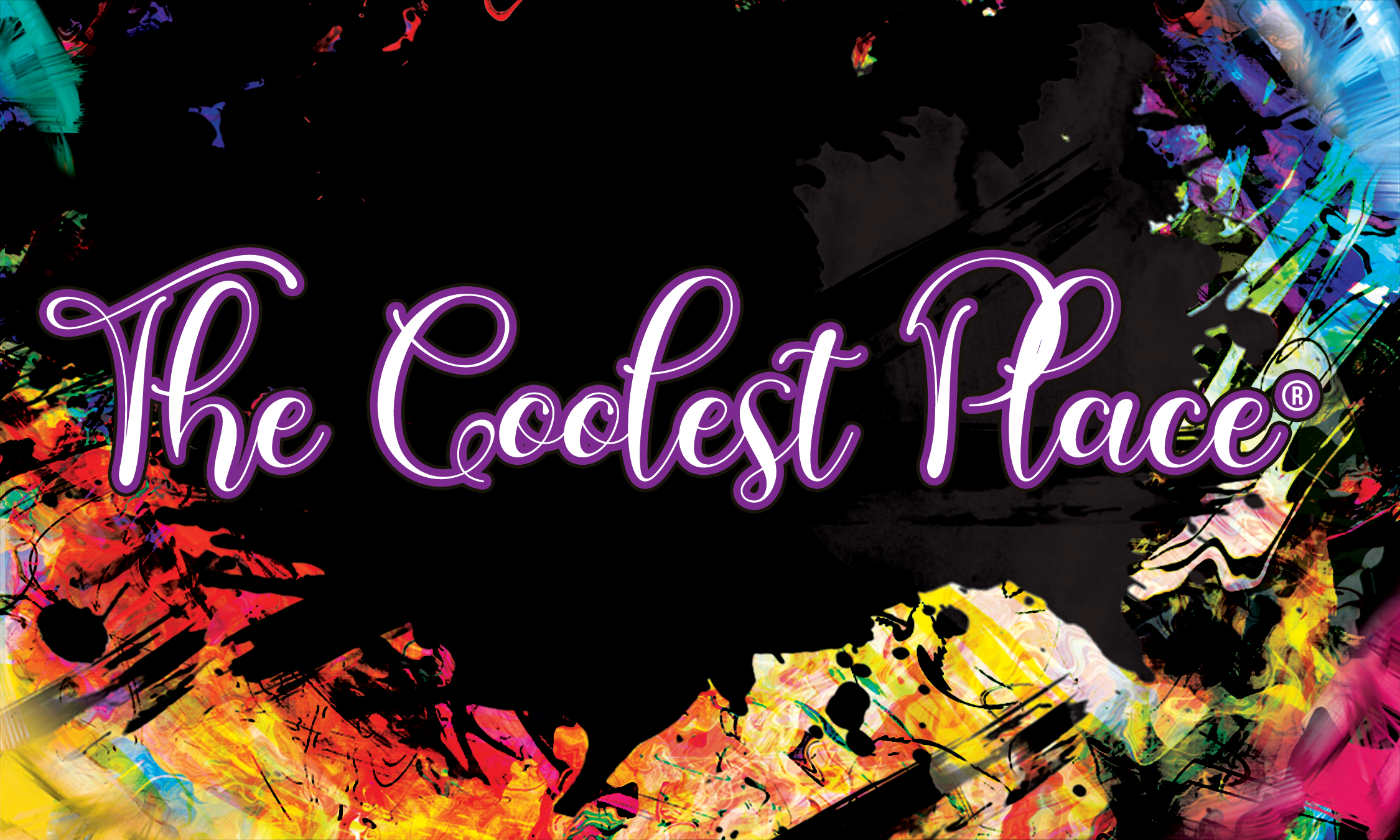 the coolest place written logo on black background with color splatter edges